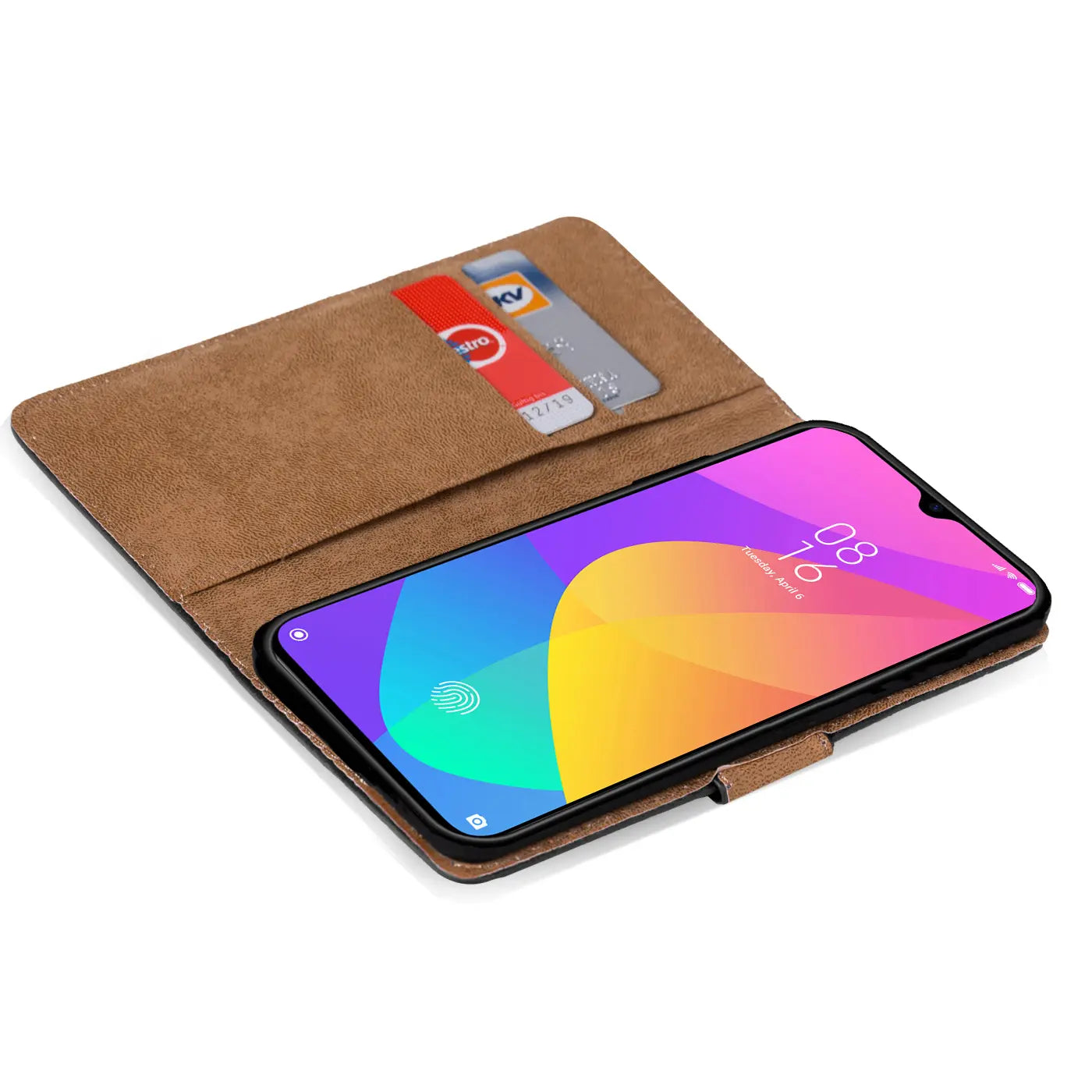 Braune Kunstleder-Klapphülle mit Kartenfächern, zeigt Xiaomi Mi A3 von oben.