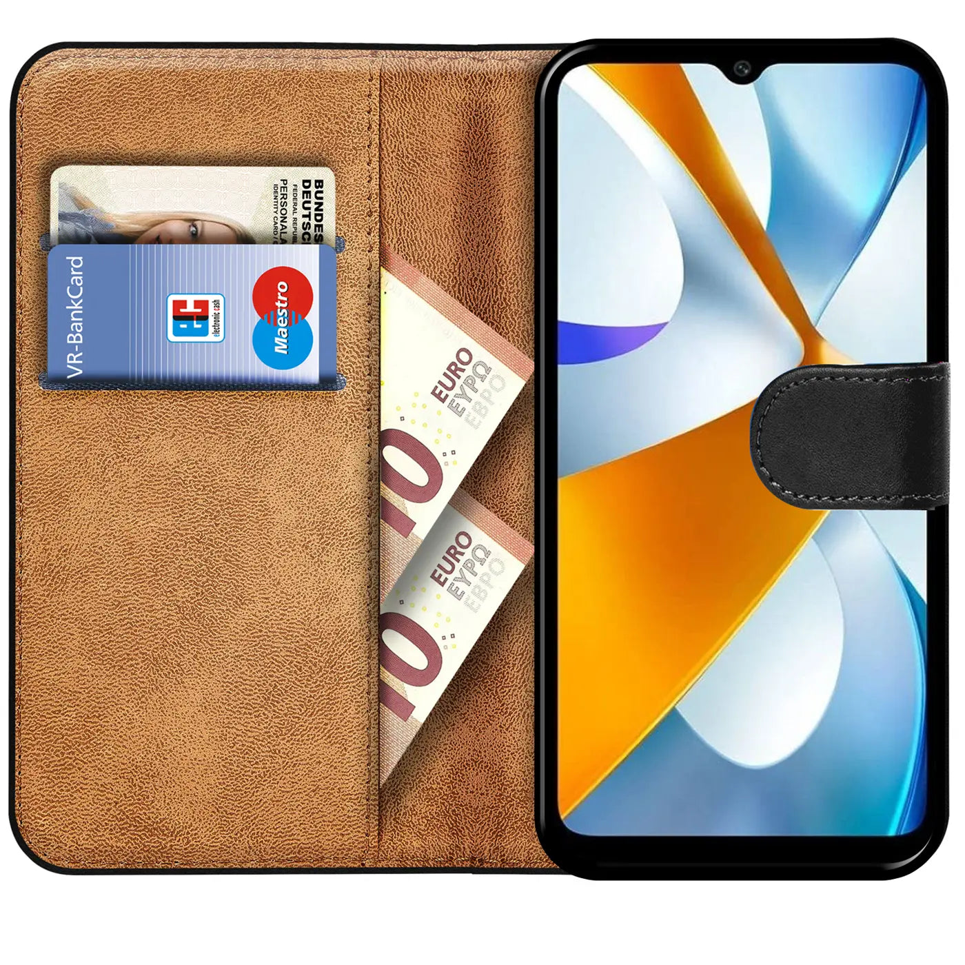 Braune Kunstleder-Klapphülle mit Kartenfächern und Xiaomi Poco C40, von vorne