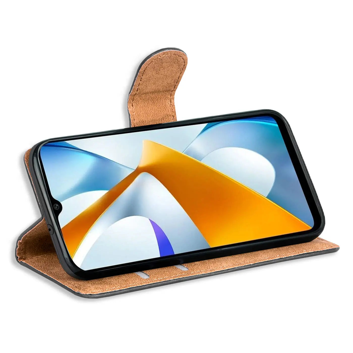 Braune Kunstleder-Klapphülle mit Kartenfächern, seitliche Ansicht, zeigt Xiaomi Poco C40.