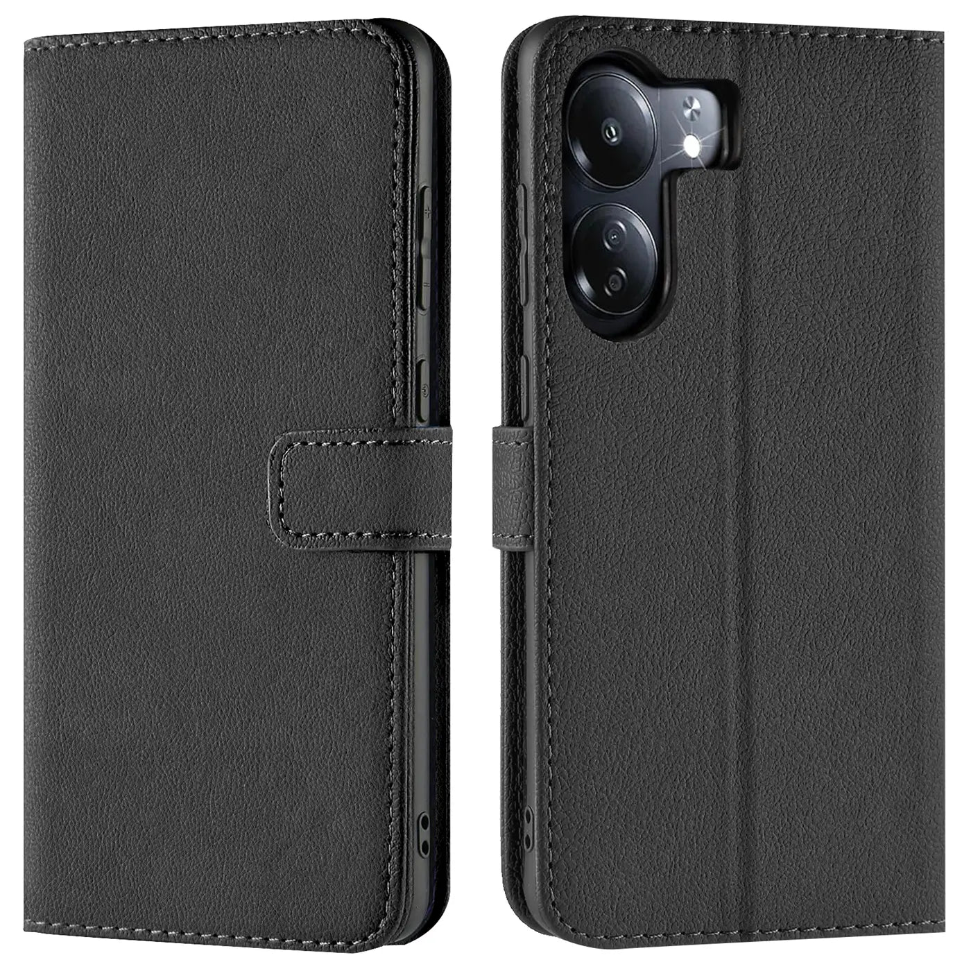 Schwarze Leder-Klapphülle mit Kartenfächern, Vorder- und Rückansicht, für Xiaomi Poco C65.