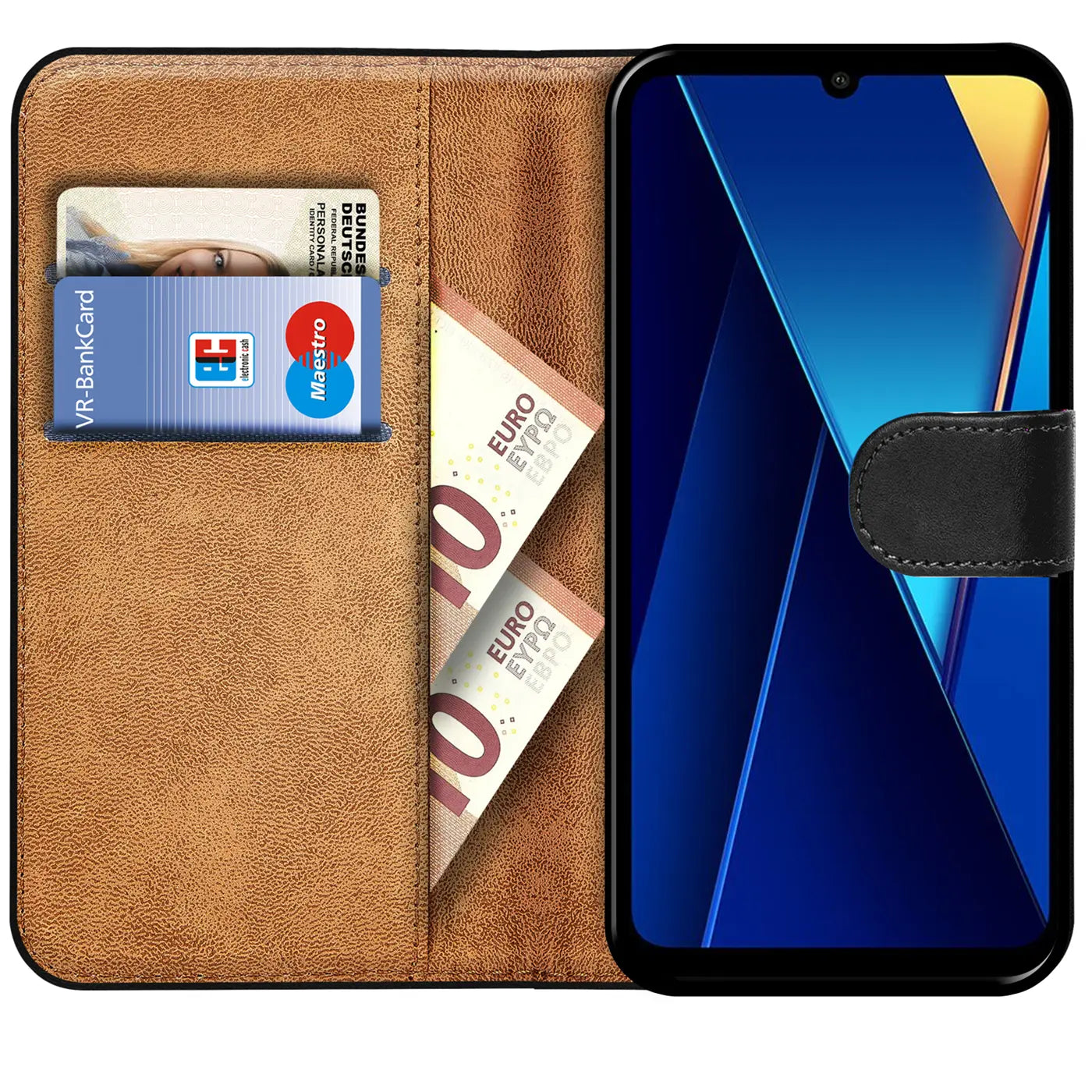 Braune Kunstleder-Klapphülle mit Kartenfach, Geld, VR-BankCard, Maestro, Xiaomi Poco C65