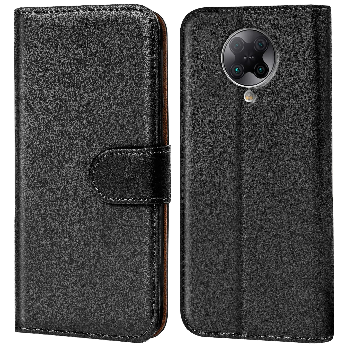 Schwarze Leder-Klapphülle mit Kartenfächern, Vorder- und Rückansicht eines Xiaomi Poco F2 Pro.