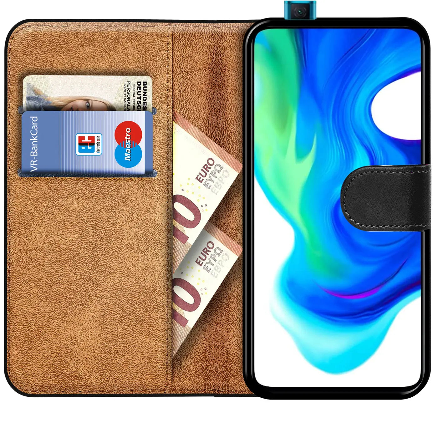 Braune Leder-Klapphülle mit Kartenfächern und Geldscheinen, zeigt Xiaomi Poco F2 Pro.
