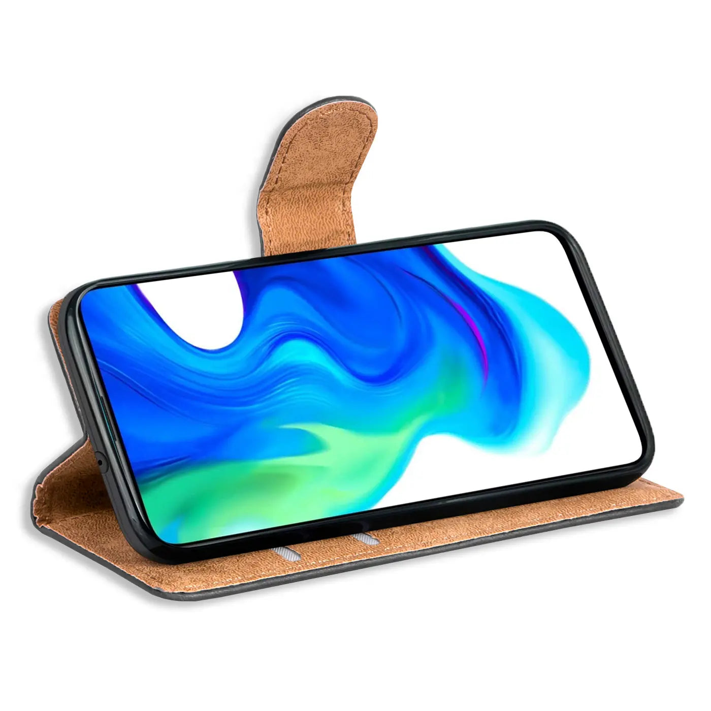 Braune Kunstleder-Klapphülle mit Kartenfächern für Xiaomi Poco F2 Pro, Seitenansicht.