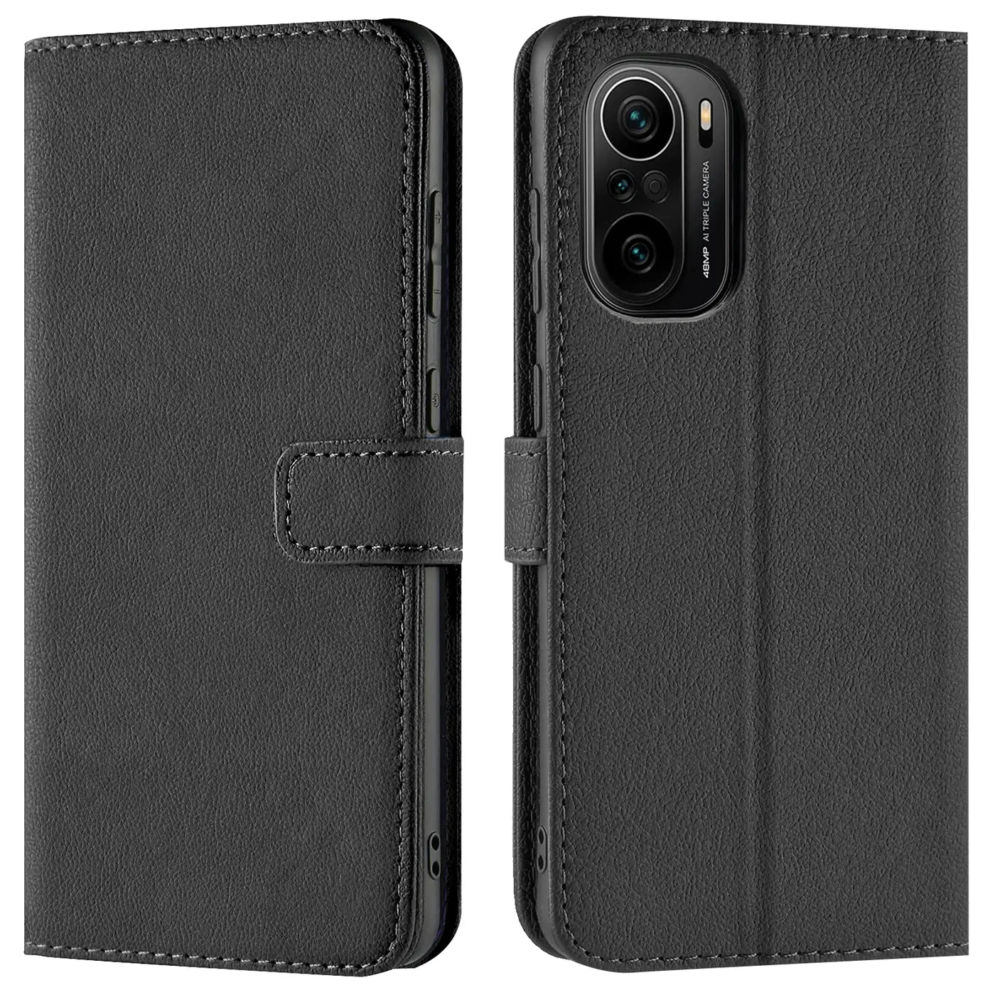 Schwarze Leder-Klapphülle mit Kartenfächern, Vorder- und Rückansicht, Xiaomi Poco F3 / Mi 11i.