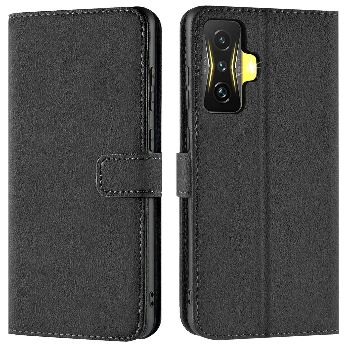 Schwarze Leder-Klapphülle mit Kartenfächern, Vorder- und Rückansicht, für Xiaomi Poco F4 GT.
