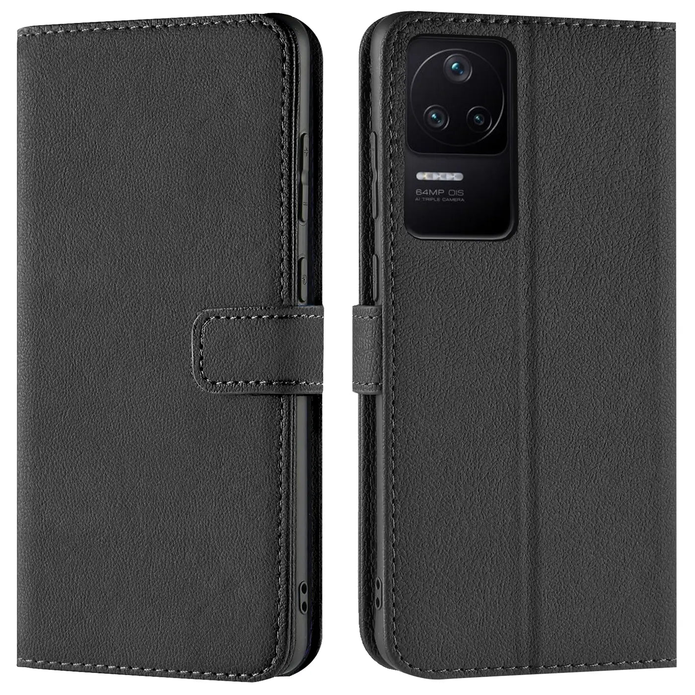 Schwarze Kunstleder-Klapphülle mit Kartenfächern, Vorder- und Rückansicht, für Xiaomi Poco F4.