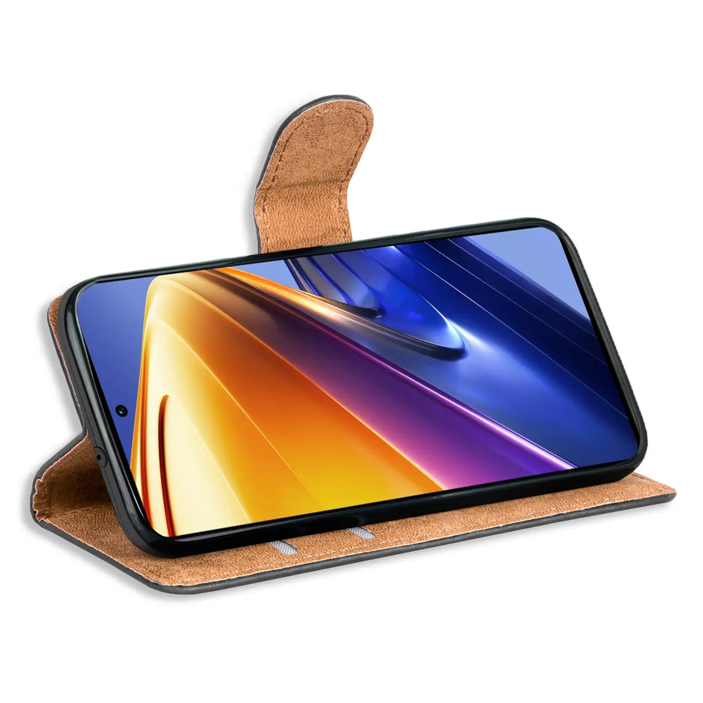 Braune Kunstleder-Klapphülle für Xiaomi Poco F4, von vorne schräg gezeigt.