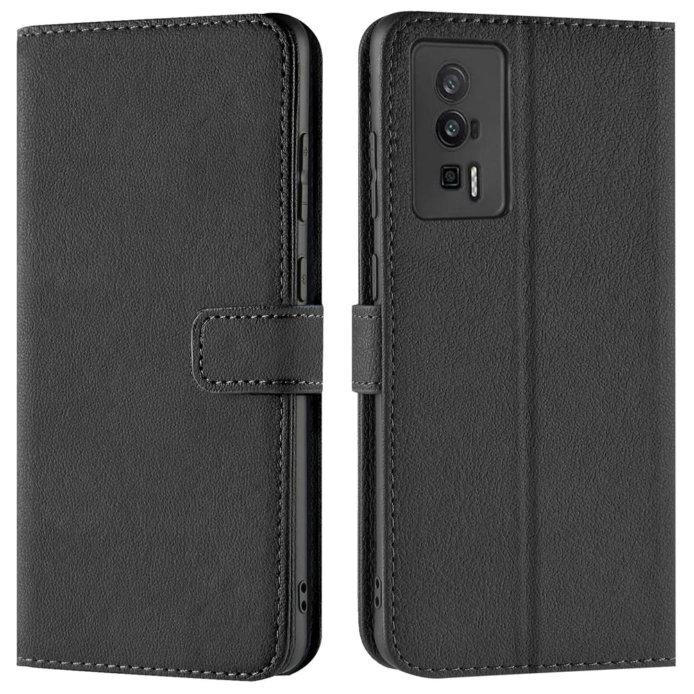 Schwarze Leder-Klapphülle mit Kartenfächern, Vorder- und Rückansicht, für Xiaomi Poco F5 Pro 5G.
