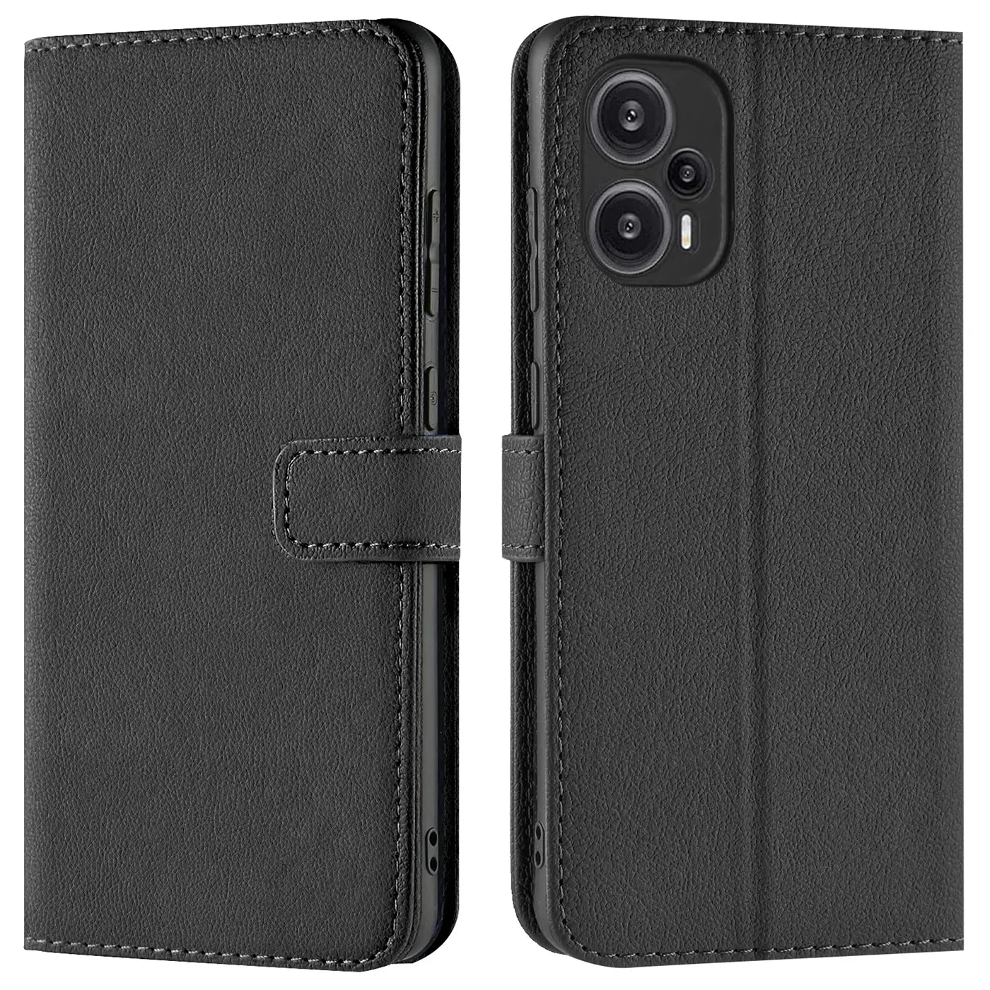 Schwarze Leder-Klapphülle mit Kartenfächern, Vorder- und Rückansicht, für Xiaomi Poco F5 5G.