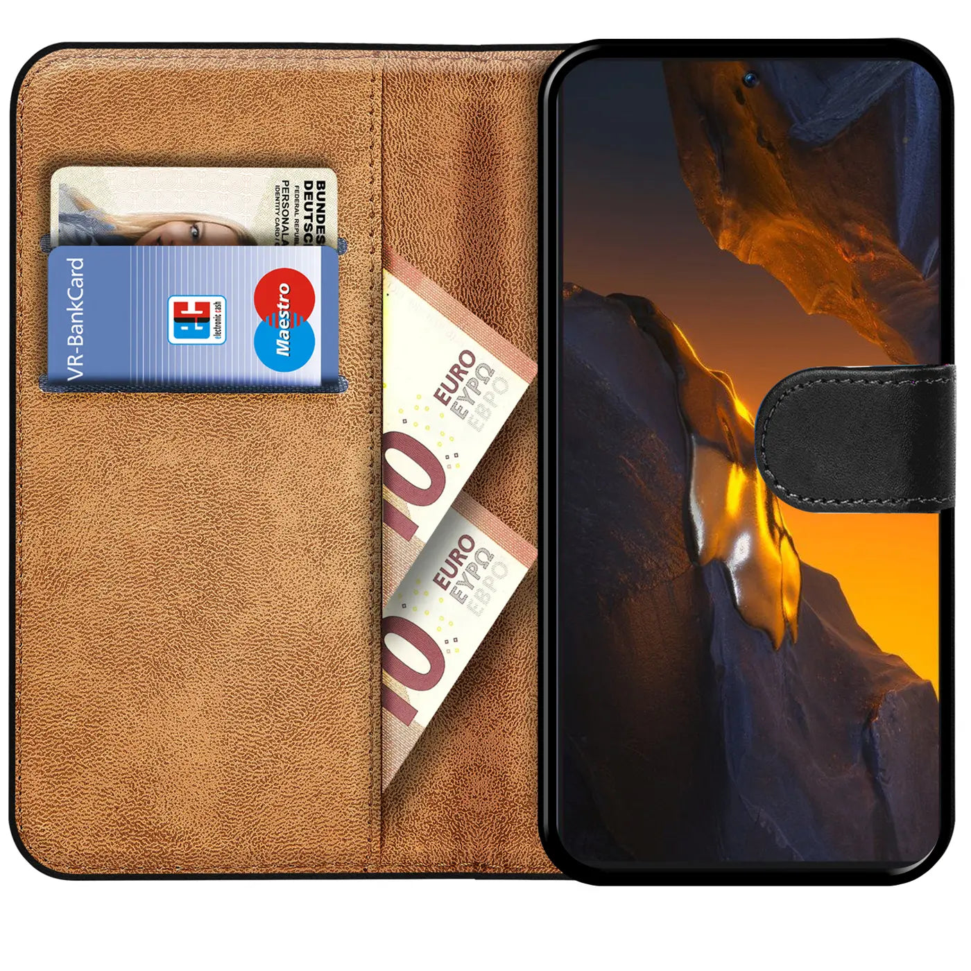 Braune Kunstleder-Klapphülle mit Kartenfächern und Geldscheinfach, zeigt Xiaomi Poco F5 5G.