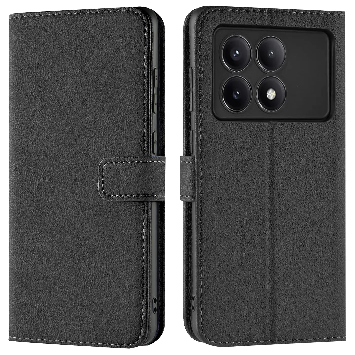 Schwarze Leder-Klapphülle mit Kartenfächern, Vorder- und Rückansicht, für Xiaomi Poco F6 Pro.