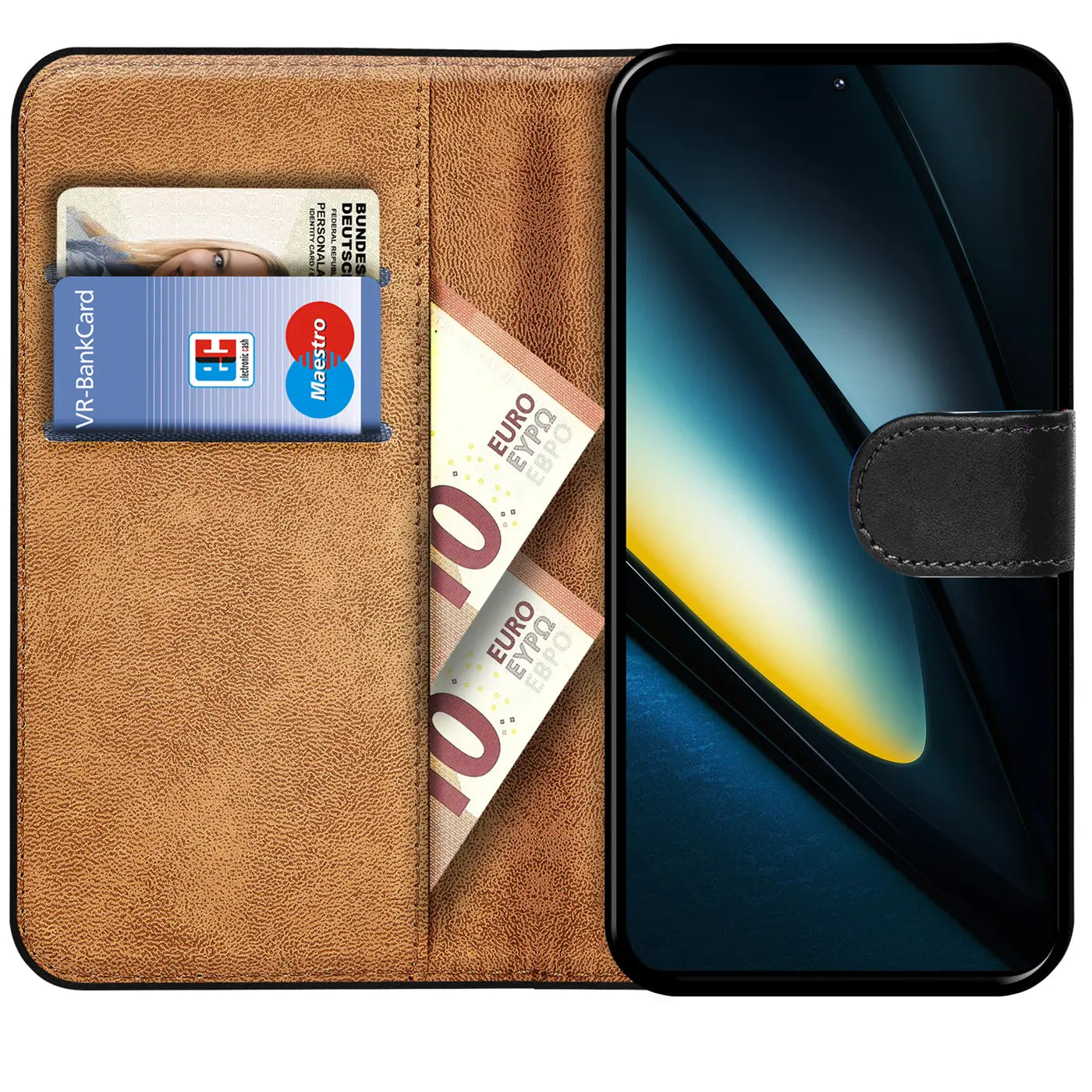 Braune Kunstleder-Klapphülle mit Kartenfächern und Geldscheinfach, zeigt Xiaomi Poco F6 Pro.