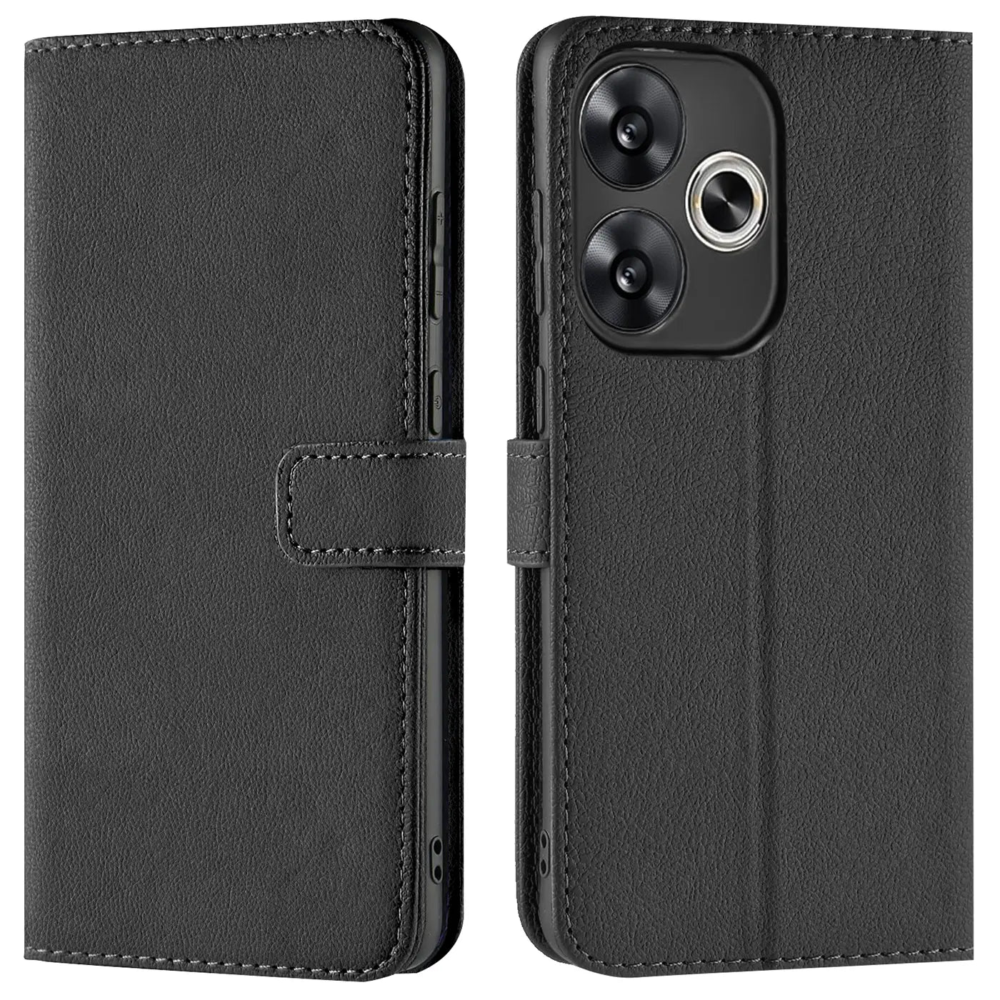Schwarze Leder-Klapphülle für Xiaomi Poco F6, Vorder- und Rückansicht.