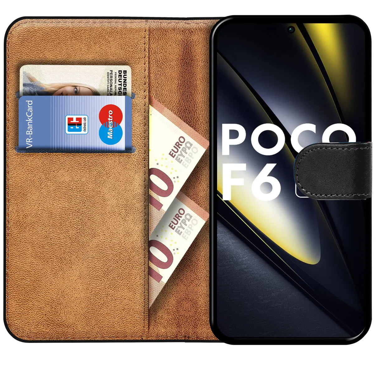 Xiaomi Poco F6 Klapphülle in Schwarz mit Kartenfächern und Schutz