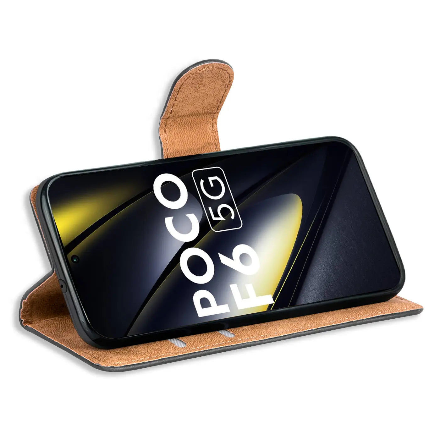 Braune Kunstleder-Klapphülle mit Kartenfächern, seitliche Ansicht, zeigt Xiaomi Poco F6.