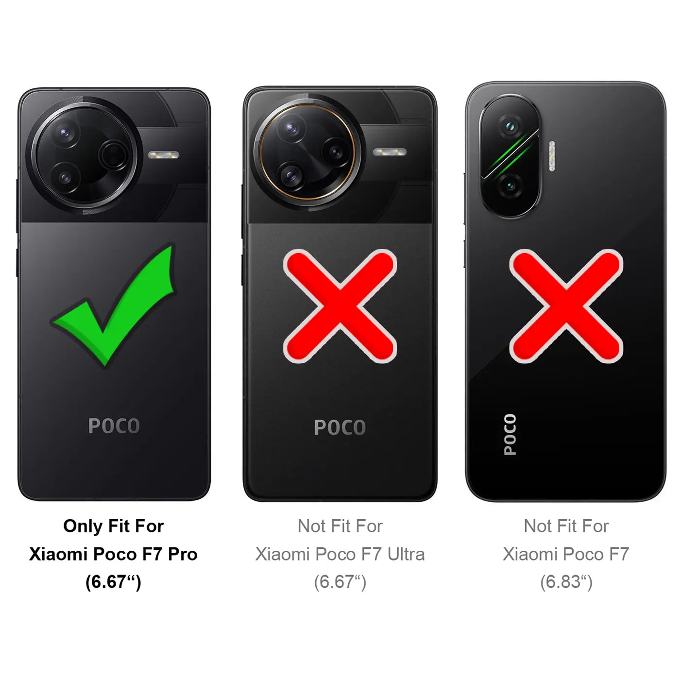 Drei schwarze Handy-Rückseiten, eine mit Haken, zwei mit Kreuzen. Xiaomi Poco F7 Pro.