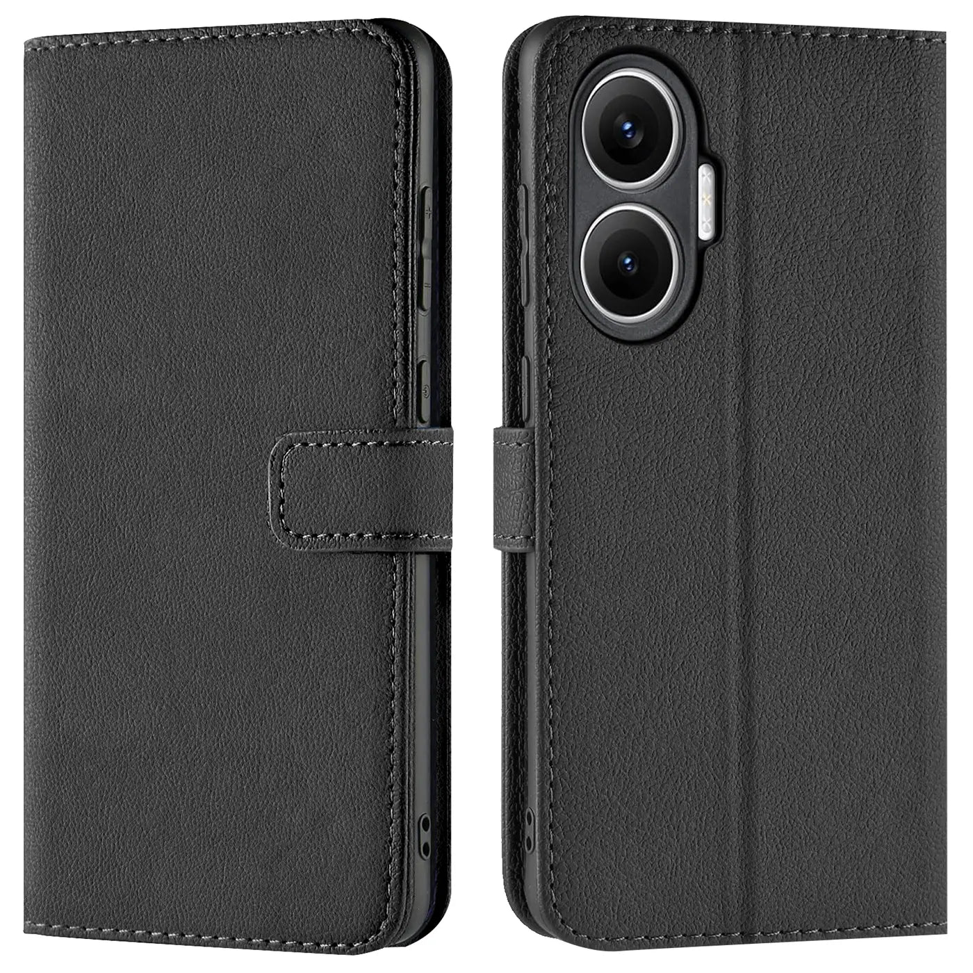 Schwarze Leder-Klapphülle mit Kartenfächern, Vorder- und Rückansicht, für Xiaomi Poco F7.