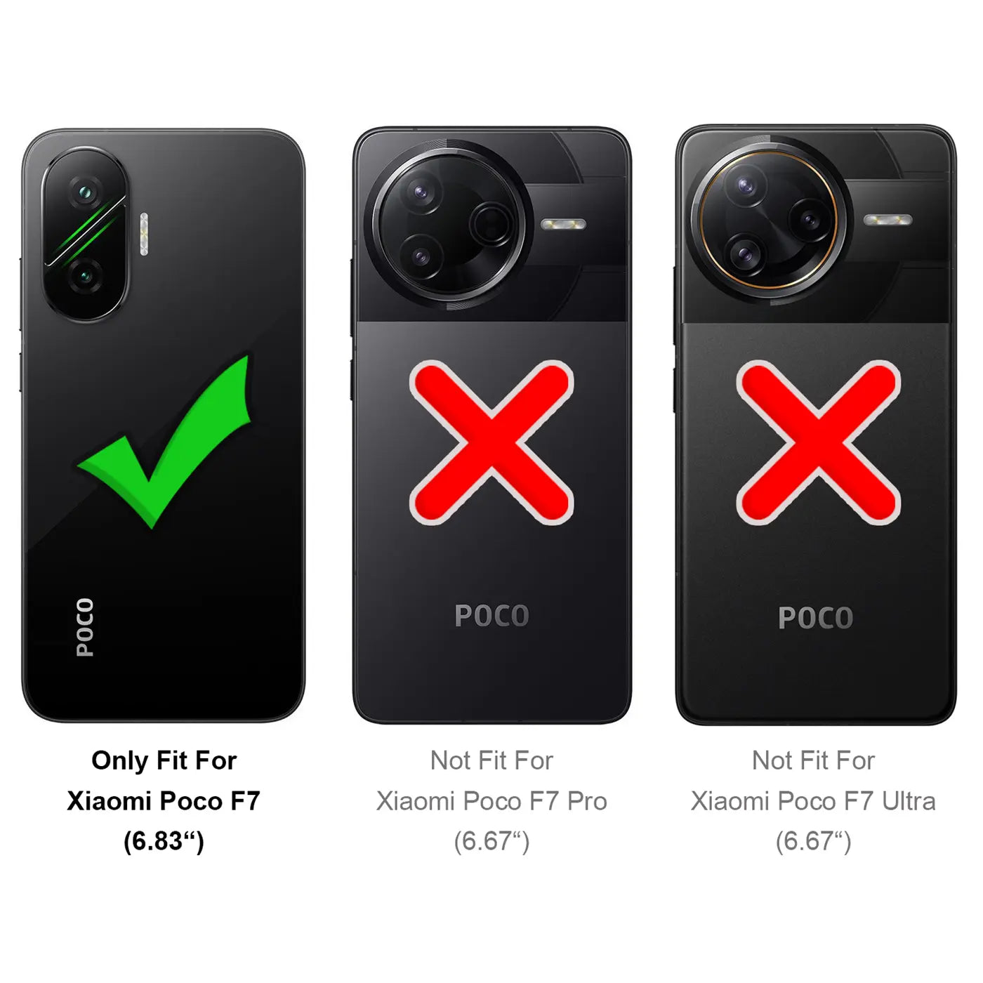 Schwarze Handyhülle, Rückansicht, mit grünem Haken für Xiaomi Poco F7.