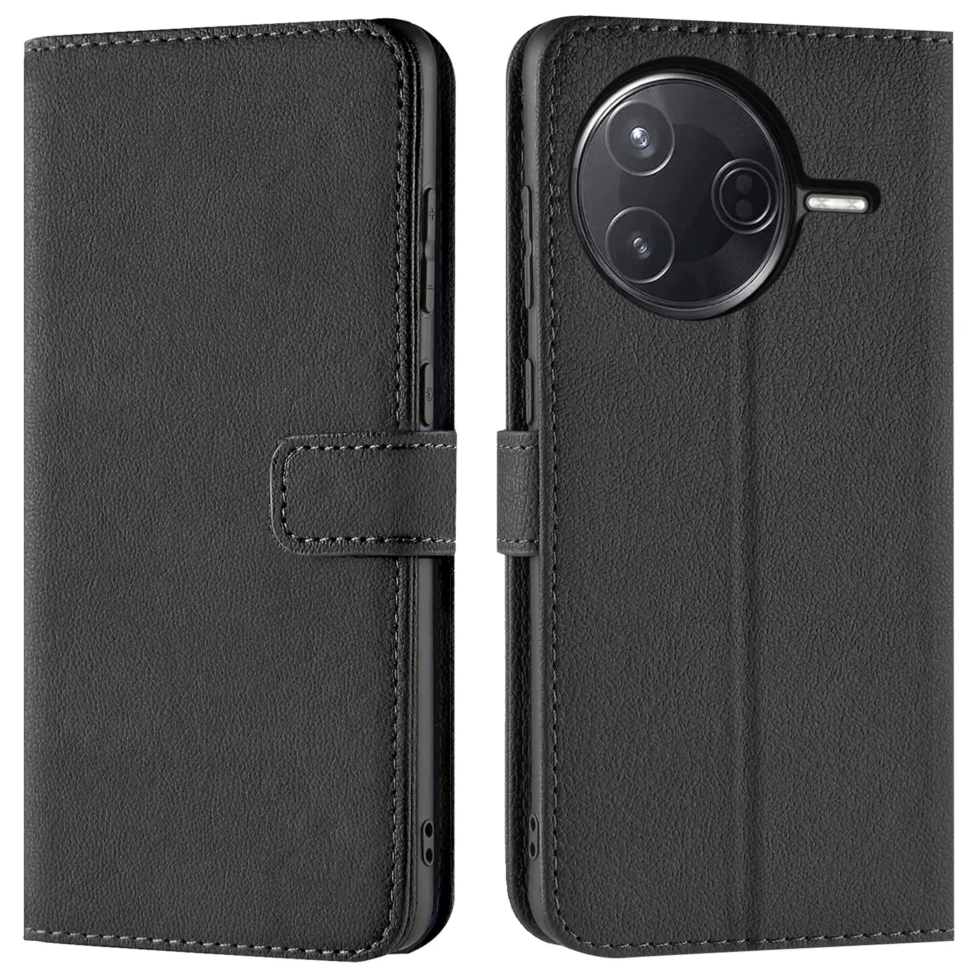 Schwarze Leder-Klapphülle mit Kartenfächern, Vorder- und Rückansicht, für Xiaomi Poco F7 Ultra.