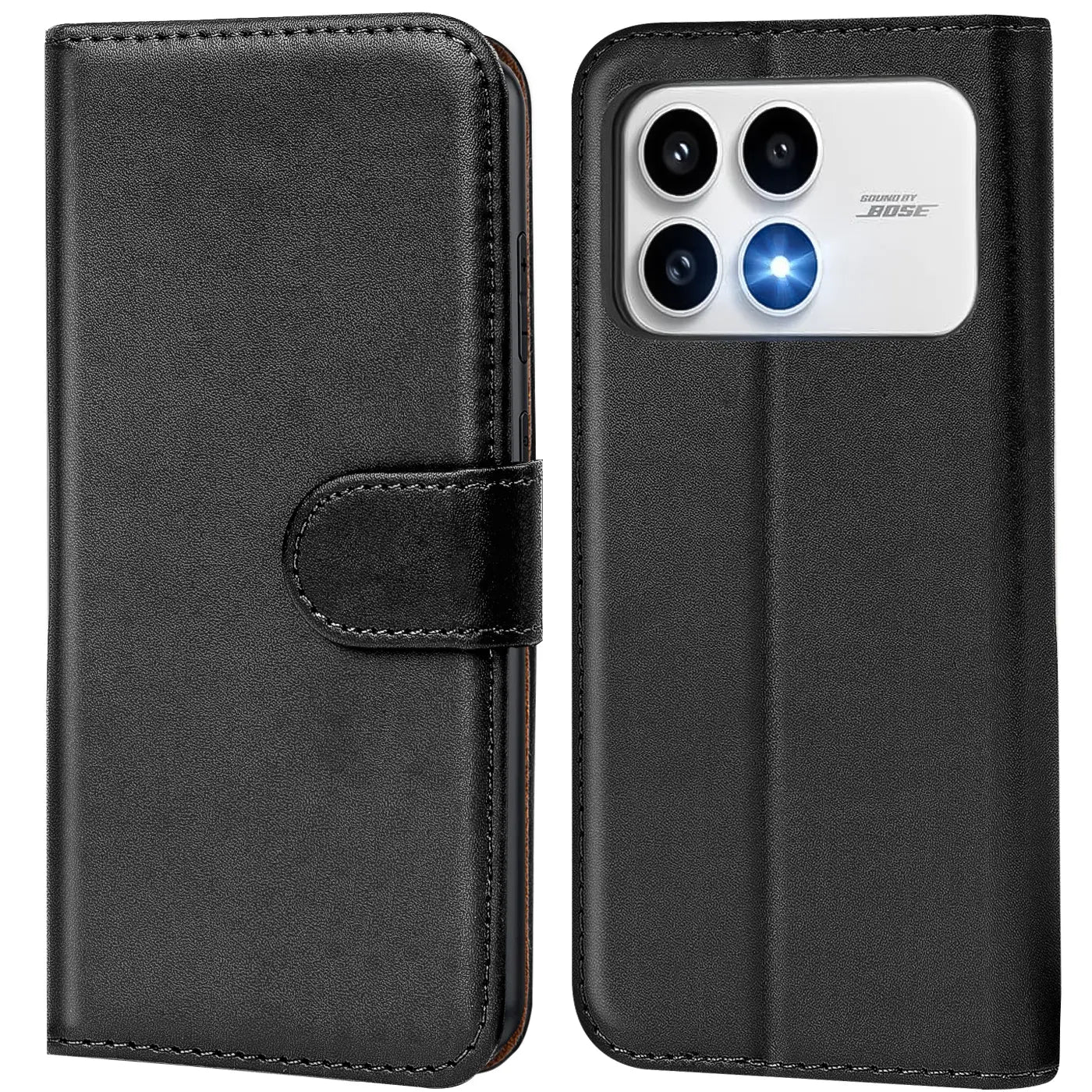 Schwarze Leder-Klapphülle mit Kartenfächern, zeigt Rückseite eines Xiaomi Poco F8 Pro.