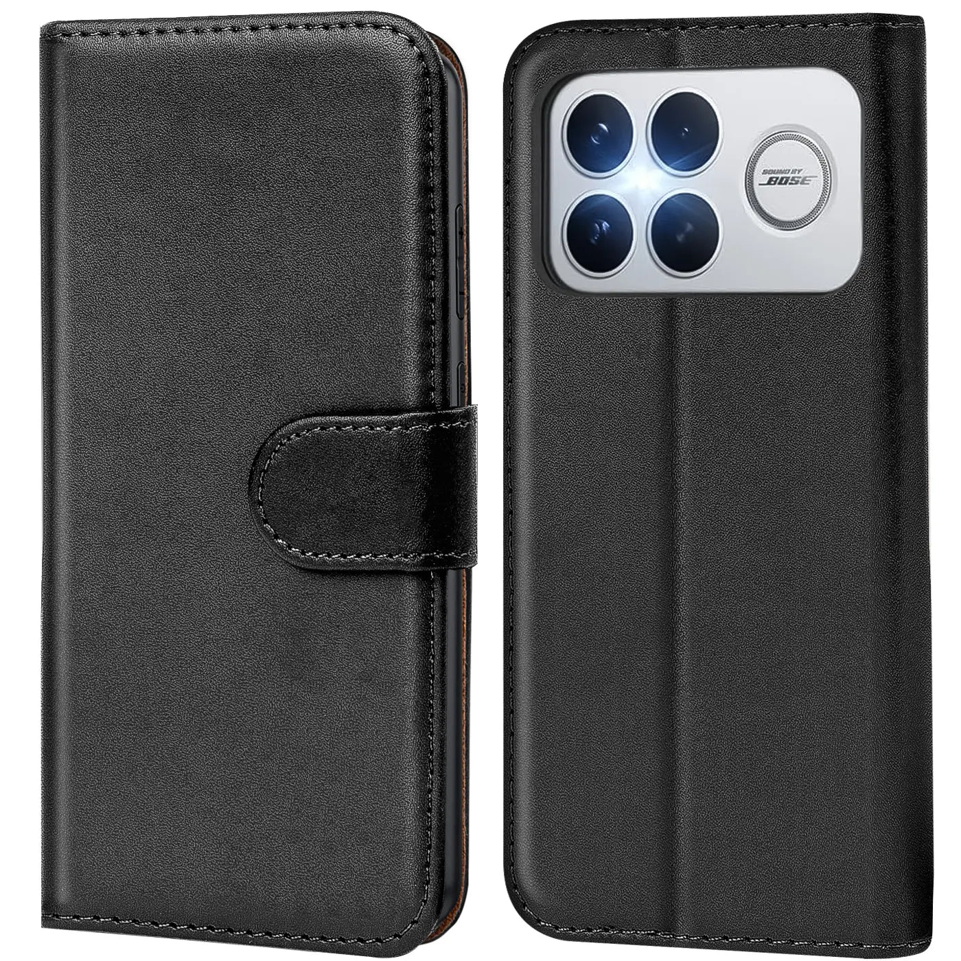 Schwarze Leder-Klapphülle mit Kartenfächern, Vorder- und Rückansicht, für Xiaomi Poco F8 Ultra.