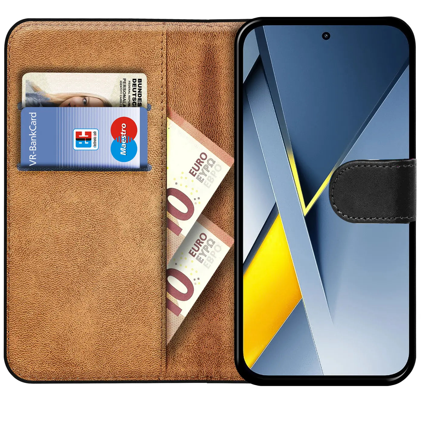 Braune Kunstleder-Klapphülle mit Kartenfächern und Geldscheinfach, zeigt Xiaomi Poco F8 Ultra.
