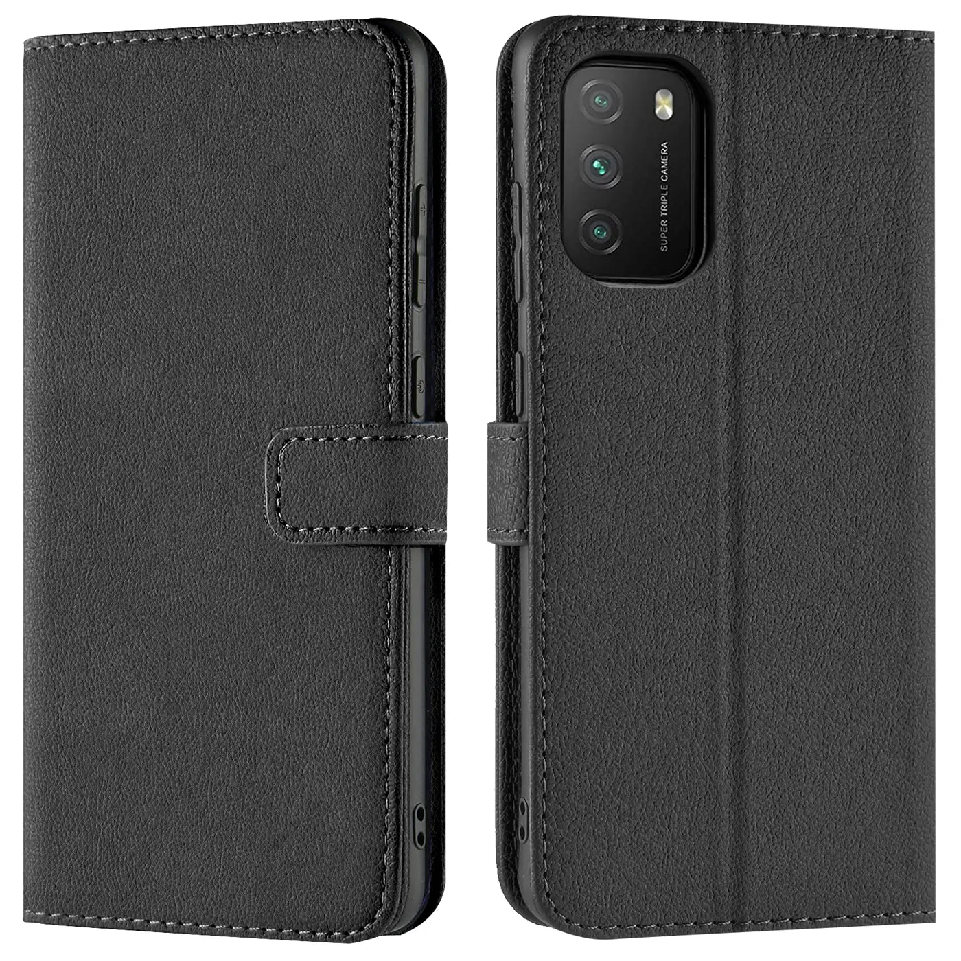 Schwarze Kunstleder-Klapphülle mit Kartenfächern für Xiaomi Poco M3, Vorder- und Rückansicht.