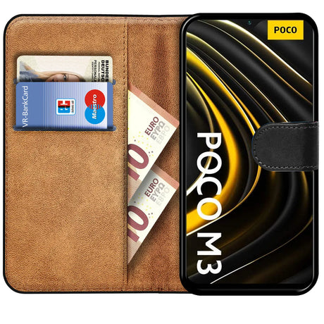 Xiaomi Poco M3 Klapphülle in Schwarz mit Kartenfächern und Schutz