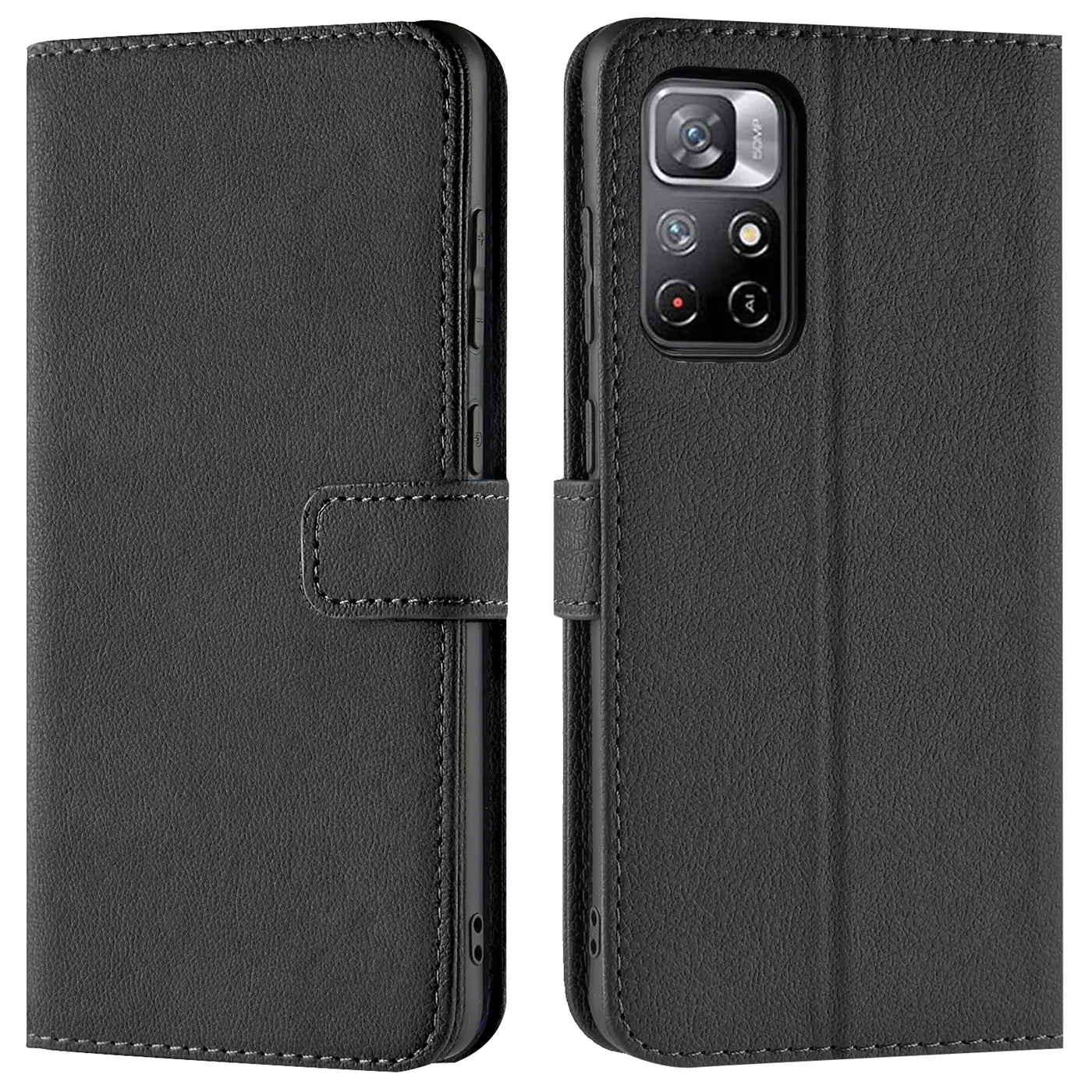 Schwarze Leder-Klapphülle mit Kartenfächern, Vorder- und Rückansicht, für Xiaomi Poco M4 Pro 5G