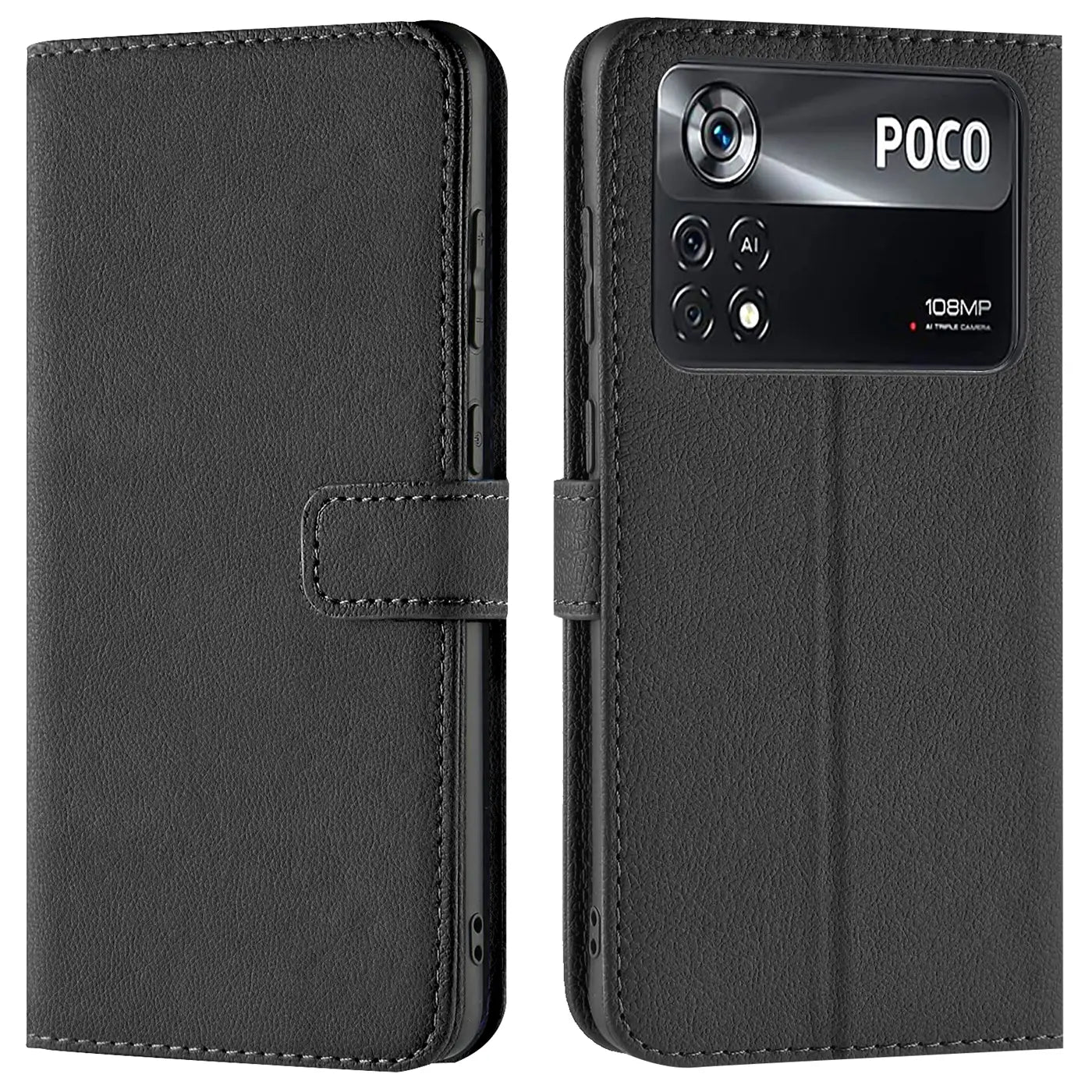 Schwarze Leder-Klapphülle mit Kartenfächern für Xiaomi Poco M4 Pro, Vorder- und Rückansicht.