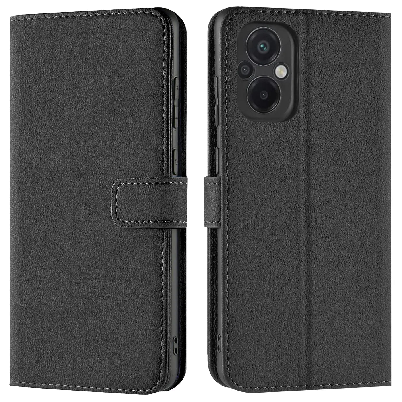 Schwarze Leder-Klapphülle mit Kartenfächern, Vorder- und Rückansicht, für Xiaomi Poco M5.