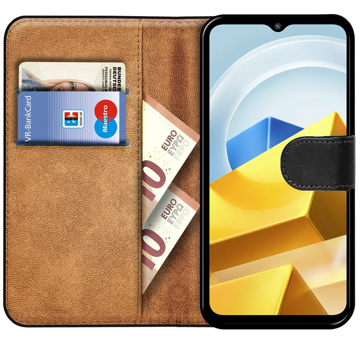 Braune Kunstleder-Klapphülle mit Kartenfächern und Xiaomi Poco M5.