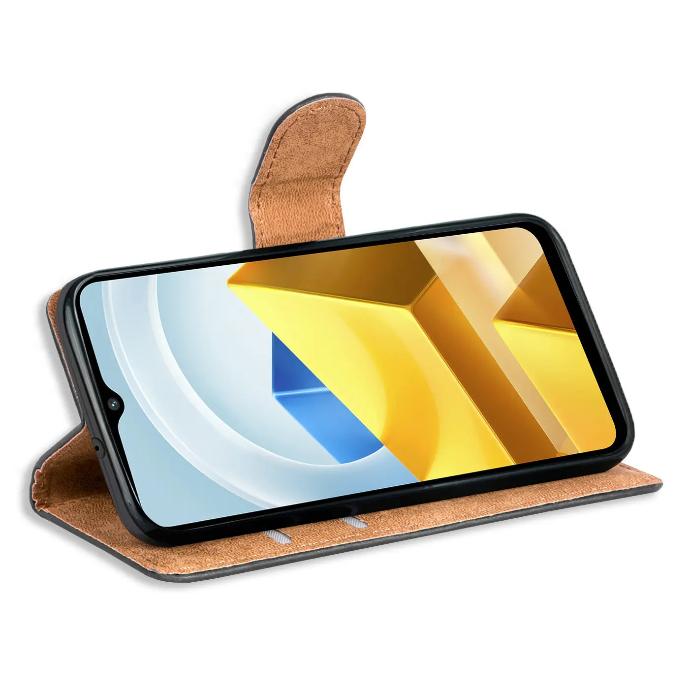 Braune Kunstleder-Klapphülle mit Kartenfächern für Xiaomi Poco M5, Seitenansicht.