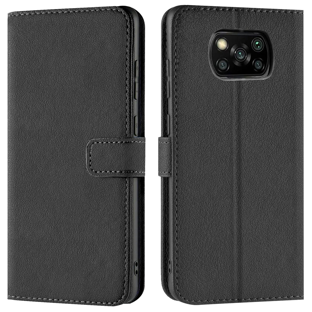 Schwarze Leder-Klapphülle mit Kartenfächern, Vorder- und Rückansicht, für Xiaomi Poco X3 Pro.
