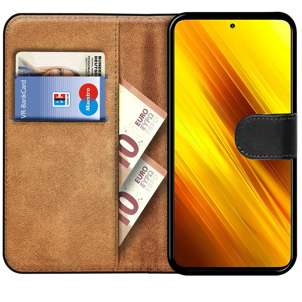 Braune Kunstleder-Klapphülle mit Kartenfächern und Geldnoten, zeigt Xiaomi Poco X3 Pro.