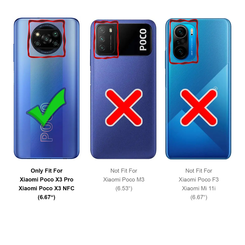 Drei Rückseiten von Smartphones, blau, lila. Links: Xiaomi Poco X3 Pro mit Häkchen.