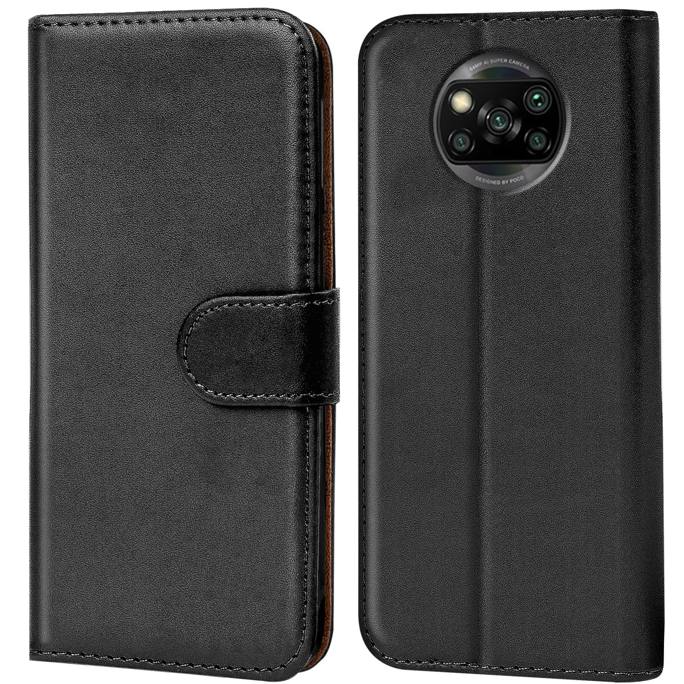 Schwarze Leder-Klapphülle mit Kartenfächern, Vorder- und Rückansicht, für Xiaomi Poco X3.