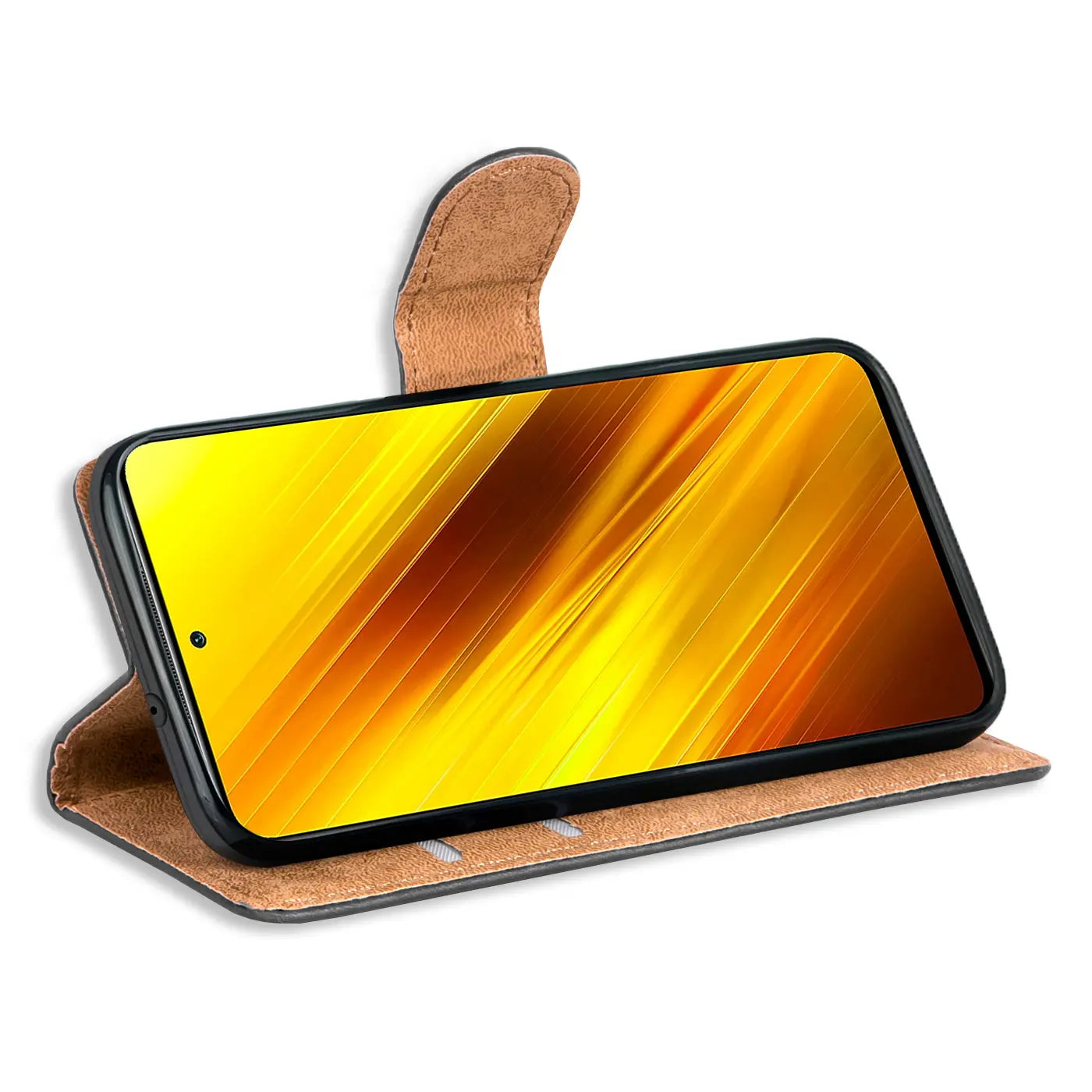 Braune Kunstleder-Klapphülle mit Kartenfächern, zeigt ein Xiaomi Poco X3.