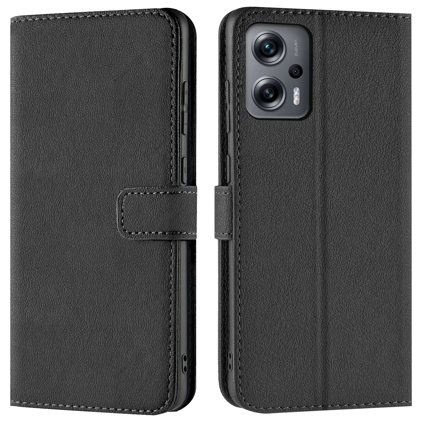 Schwarze Leder-Klapphülle mit Kartenfächern, Vorder- und Rückansicht, Xiaomi Poco X4 GT.