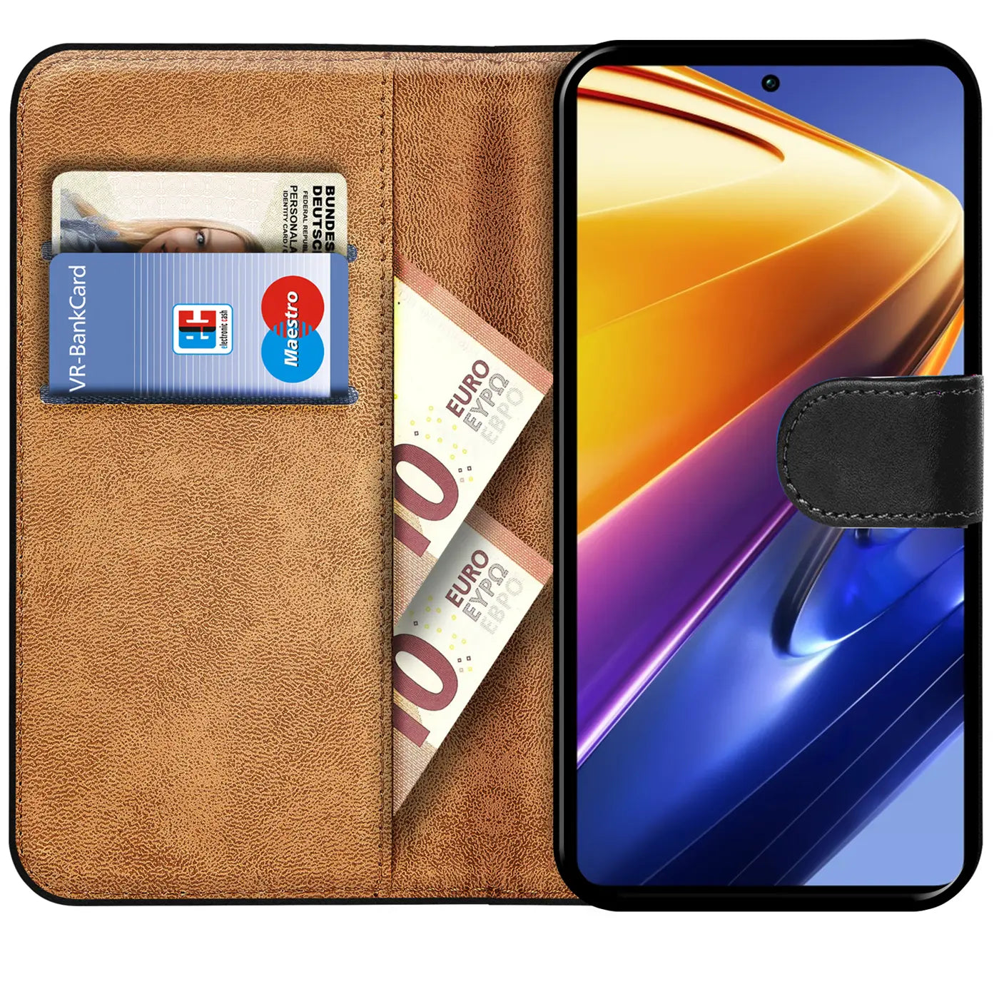 Braune Kunstleder-Klapphülle mit Kartenfächern, zeigt Xiaomi Poco X4 GT.