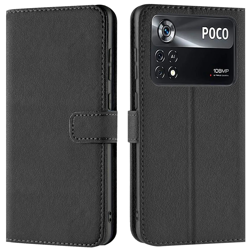Schwarze Leder-Klapphülle mit Kartenfächern für Xiaomi Poco X4 Pro 5G, Vorder- und Rückansicht.