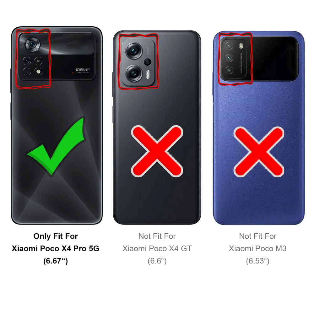 Drei Smartphone-Rückseiten: links Xiaomi Poco X4 Pro 5G (passend), Mitte/rechts nicht passend.