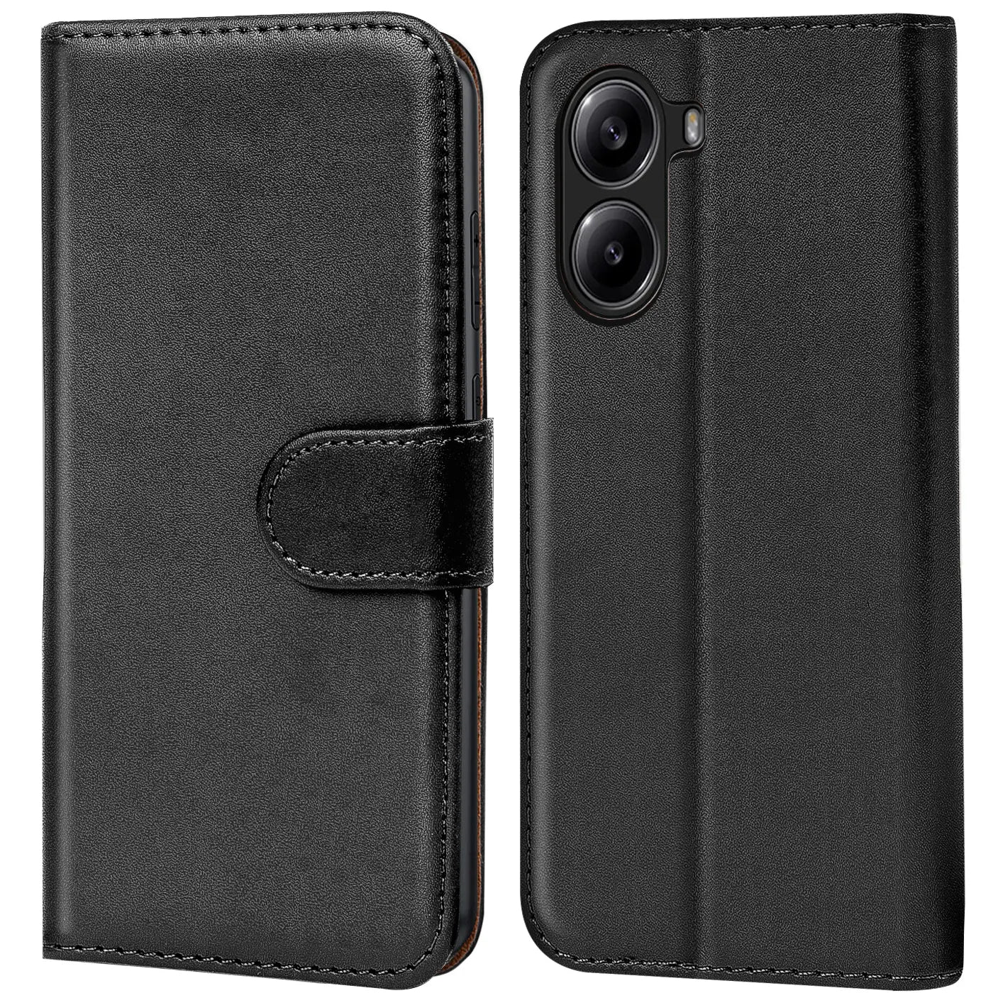 Schwarze Leder-Klapphülle mit Kartenfächern, Vorder- und Rückansicht, für Xiaomi Poco X7 Pro.