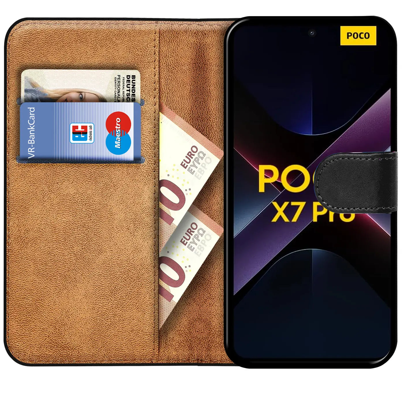 Braune Kunstleder-Klapphülle mit Kartenfächern und Geldscheinfach, zeigt Xiaomi Poco X7 Pro.