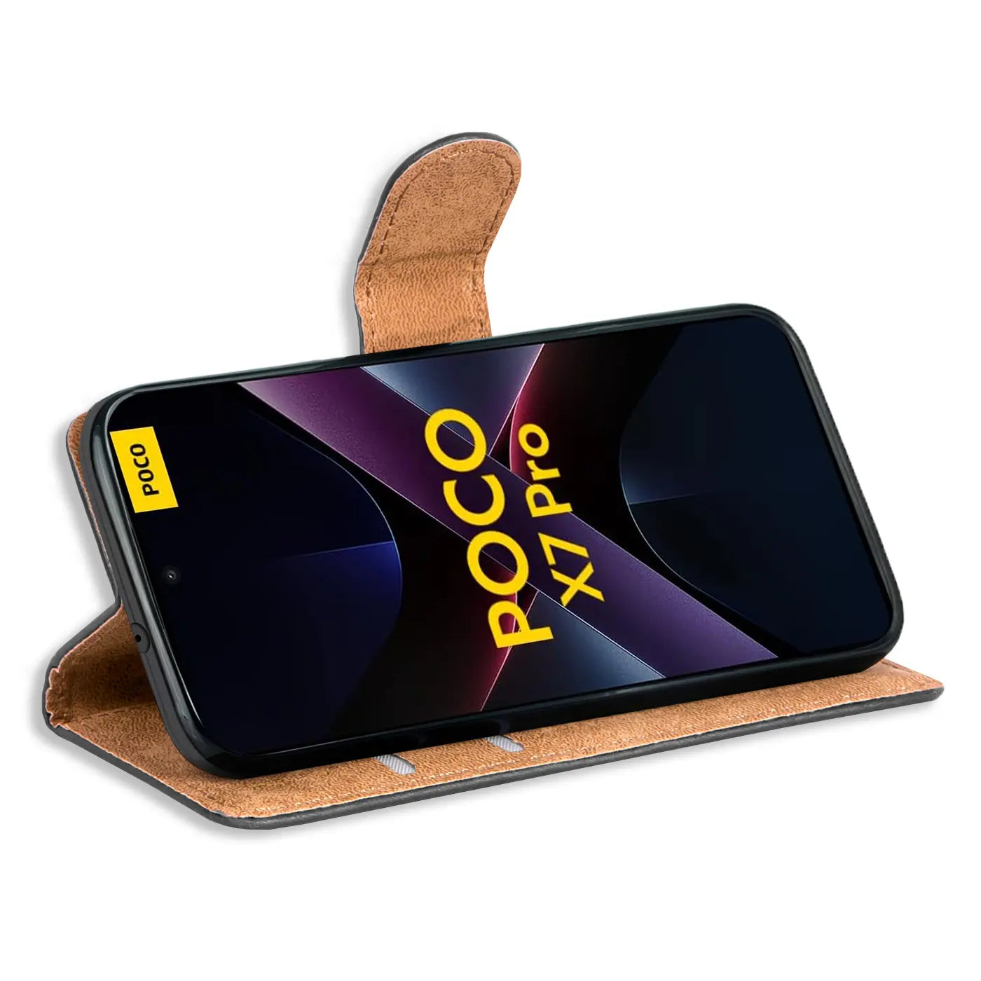Braune Kunstleder-Klapphülle mit Kartenfächern, zeigt Xiaomi Poco X7 Pro von vorne.