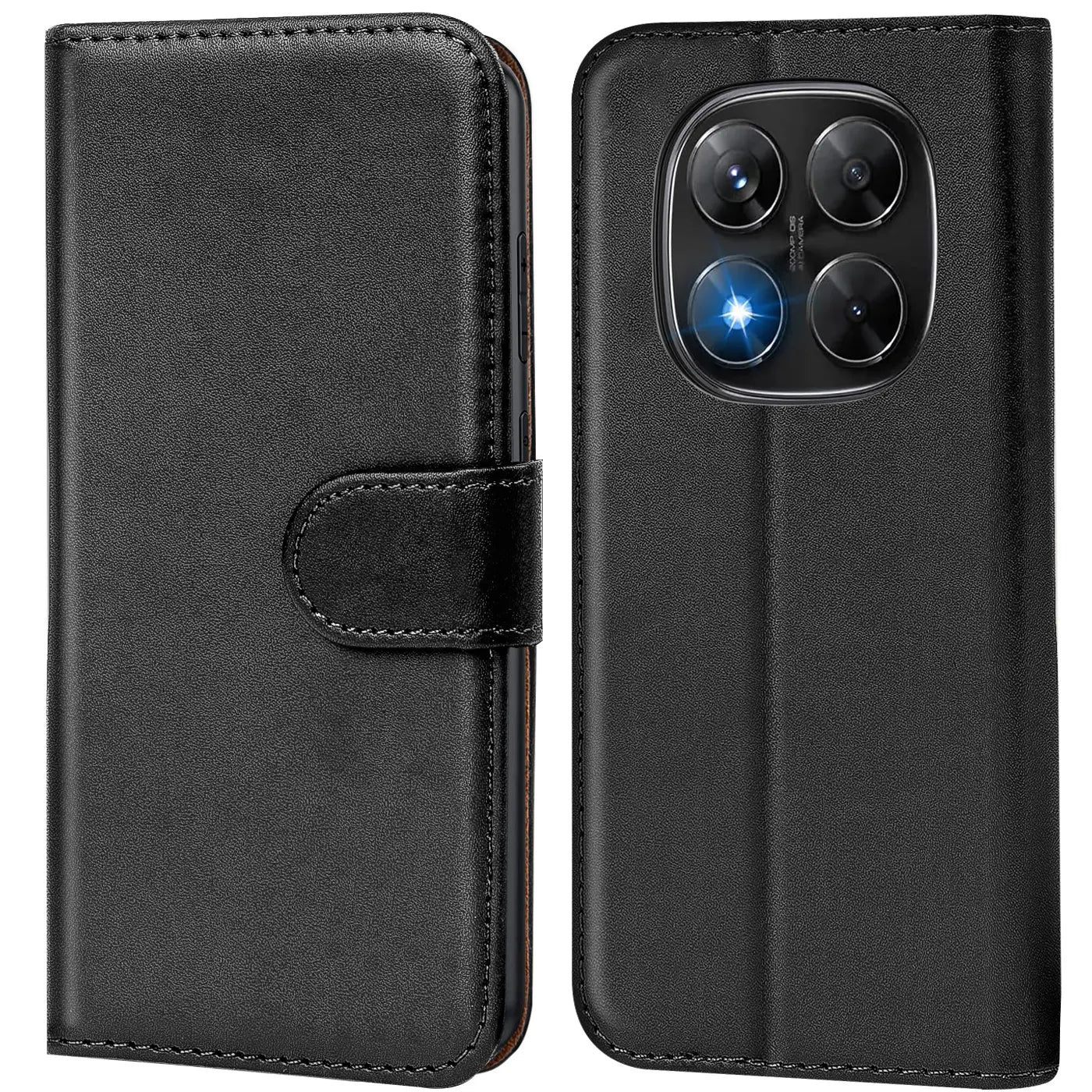 Schwarze Leder-Klapphülle mit Kartenfächern, Vorder- und Rückansicht, zeigt Kamera-Array des Xiaomi Poco X7.