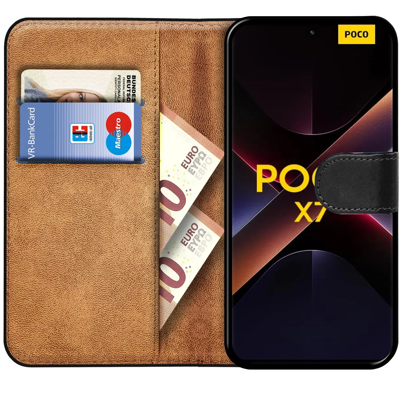 Braune Kunstleder-Klapphülle mit Kartenfächern und Geldscheinfach, zeigt Xiaomi Poco X7.