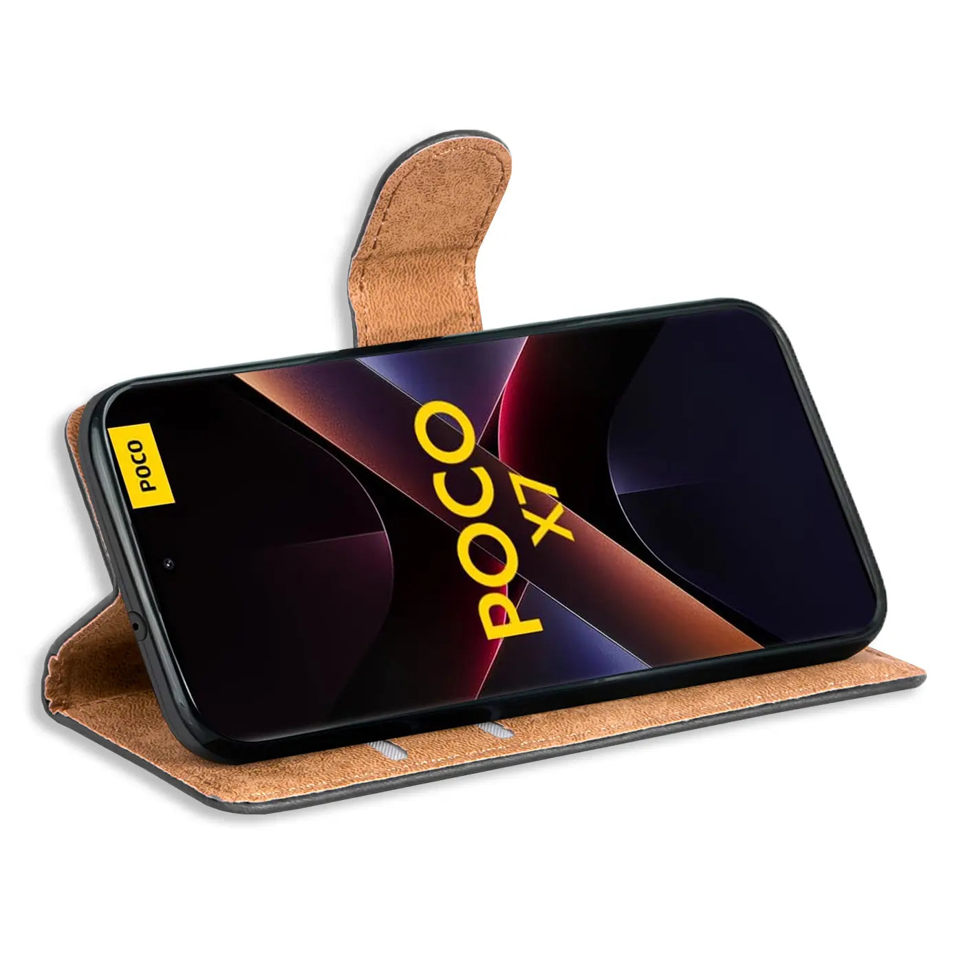 Braune Kunstleder-Klapphülle für Xiaomi Poco X7, Seitenansicht.