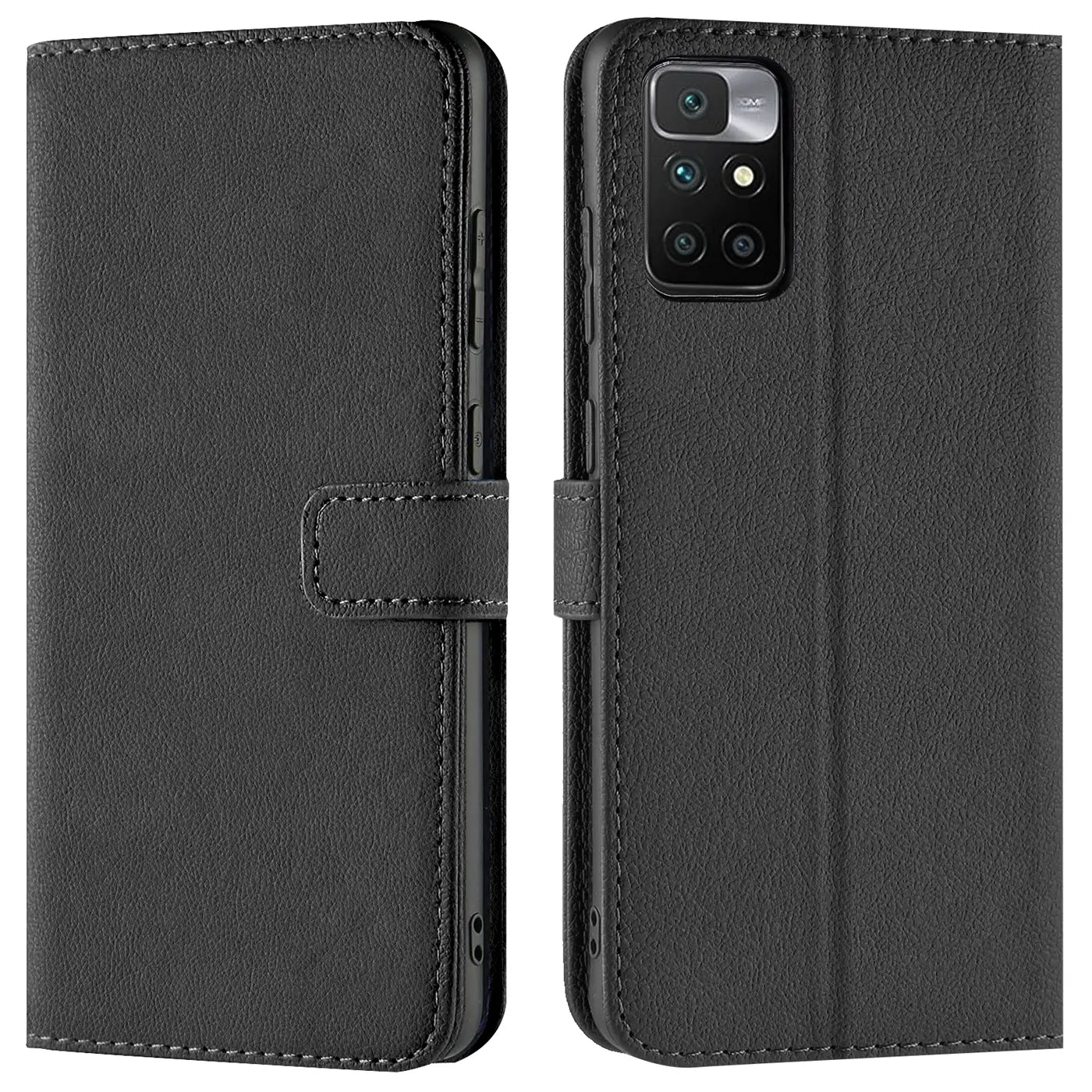 Schwarze Leder-Klapphülle für Xiaomi Redmi 10, Vorder- und Rückansicht.